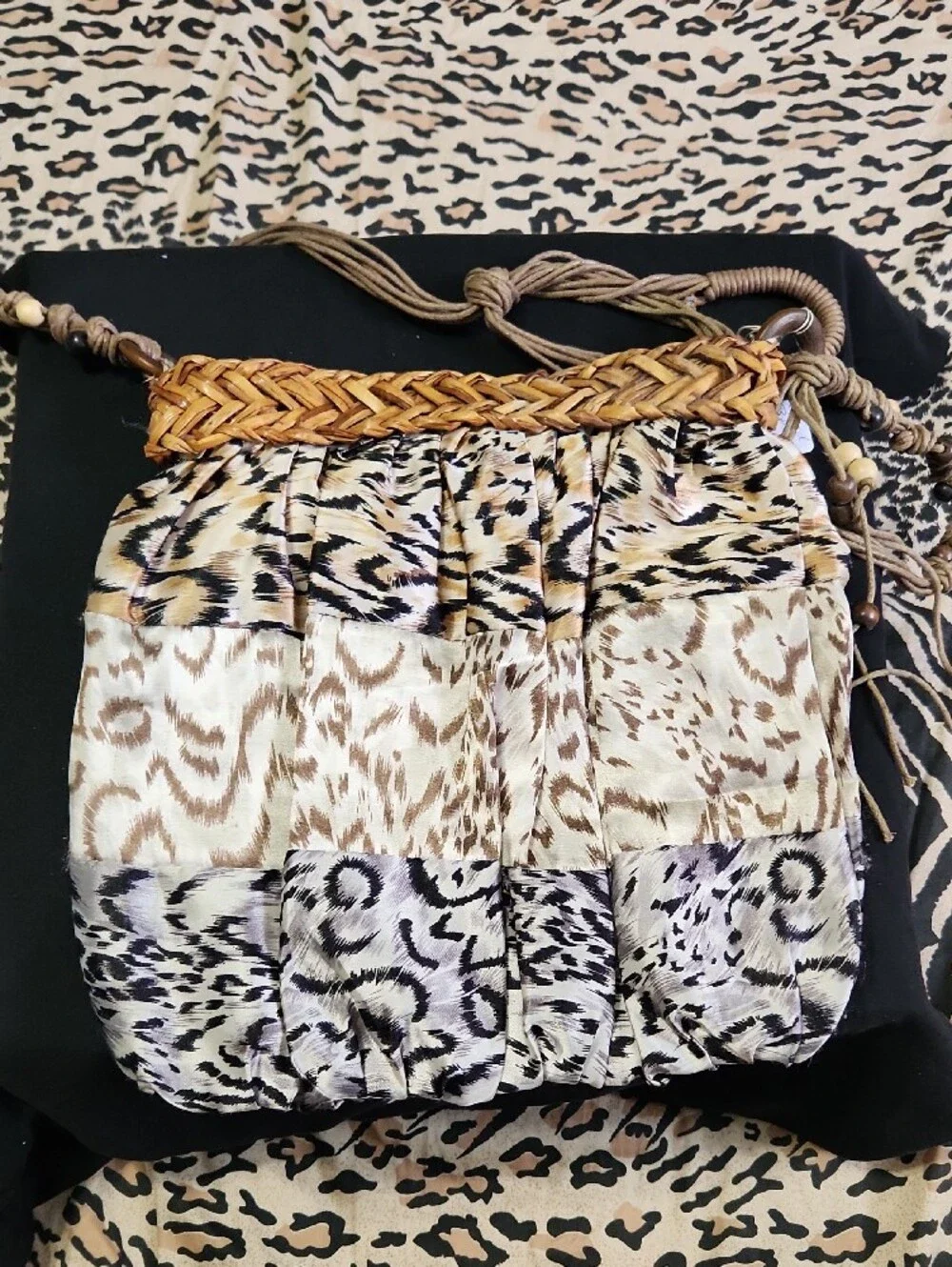 Animal-Print Woven-Trim Hobo Bag in Beige
